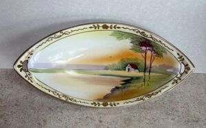 Vtg Meito China Japan Gold Scroll Hand Painted Oval Celery Relish Dish Bowl